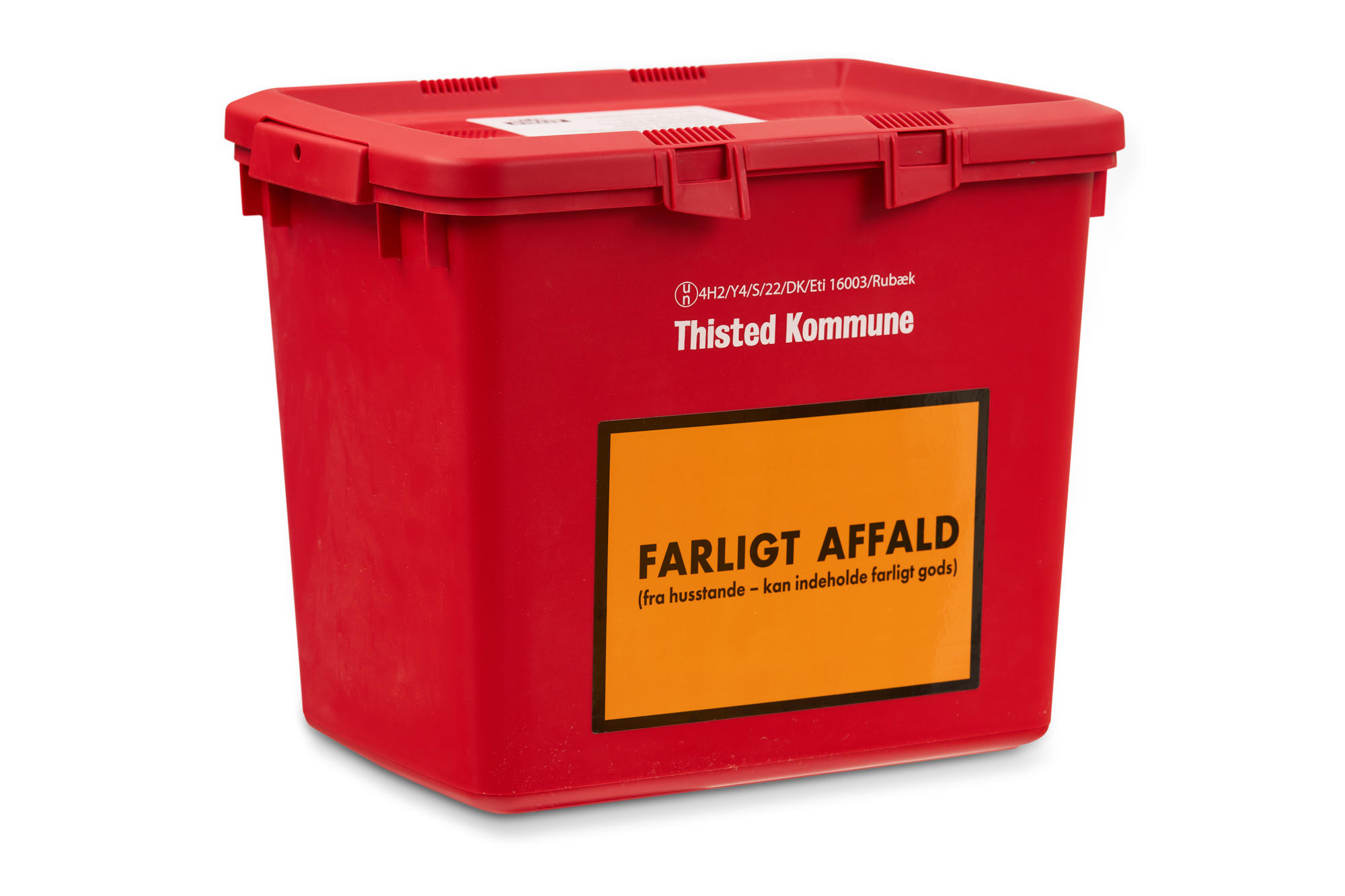 Den røde miljøkasse til sortering af farligt affald for borgere i Thisted kommune