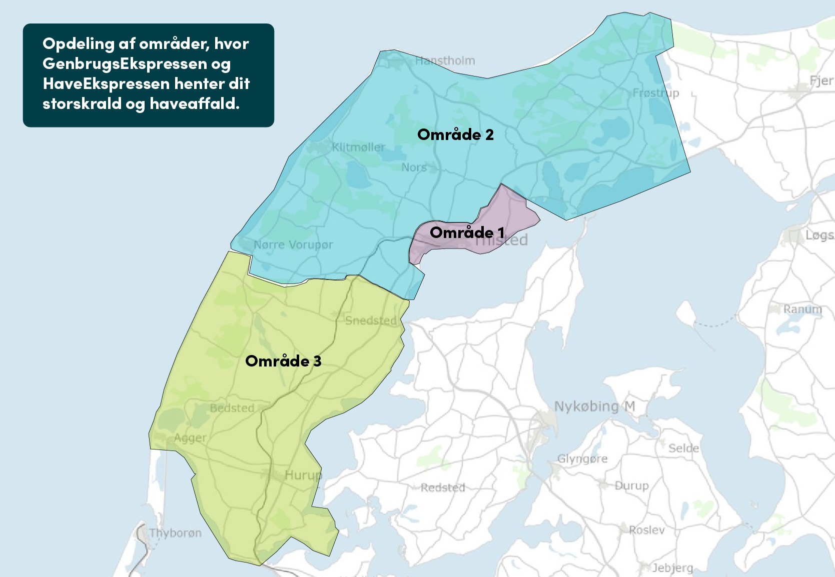 Opdeling af områder, hvor GenbrugsEkspressen og HaveEkspressen henter storskrald og haveaffald.
